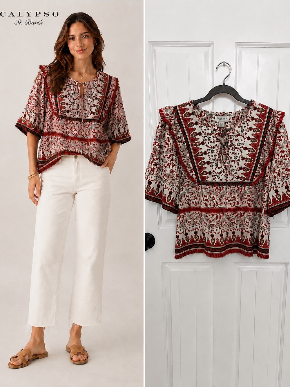 Calypso St. Barth Red and Cream Floral Peasant Blouse